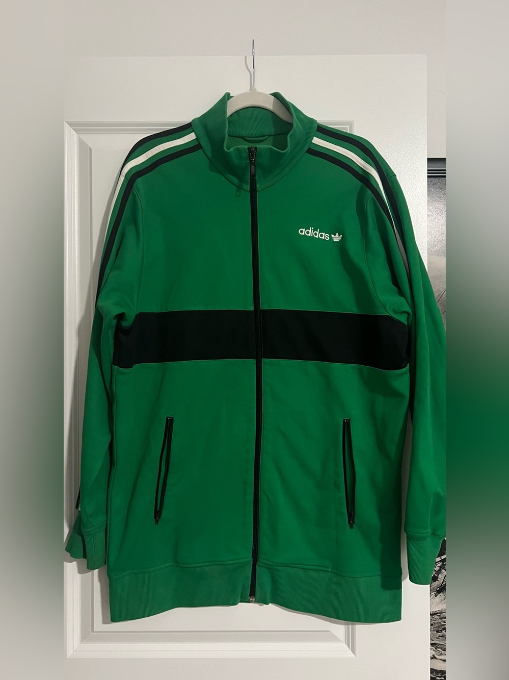 Vintage adidas Green Track Jacket with Black Band and White Stripes